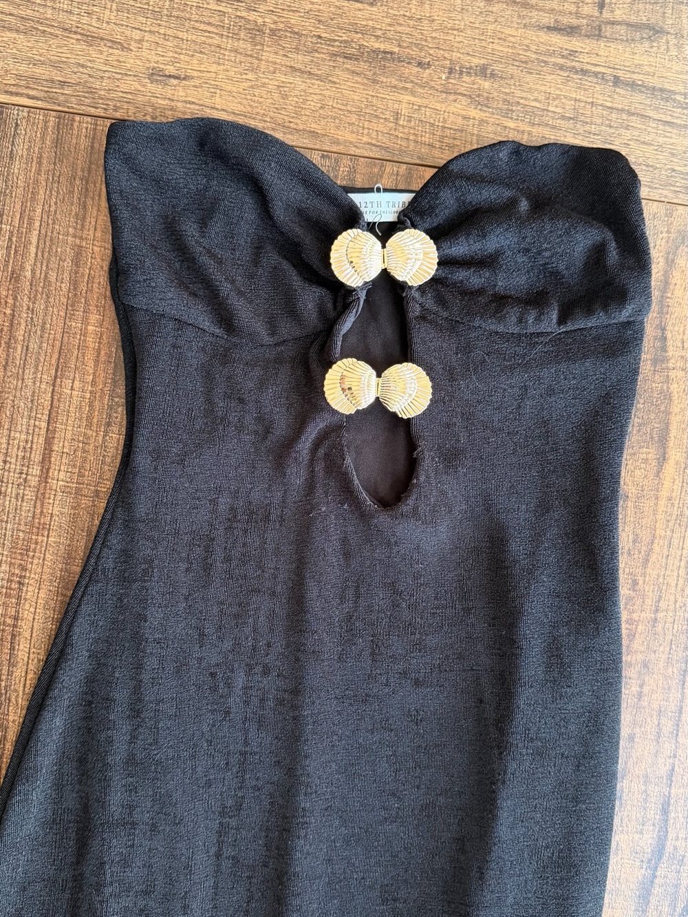 12th Tribe Black Strapless Maxi Dress with Gold Shell Accents